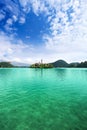 View to Church on island in the middle of Bled lake. Slovenia Royalty Free Stock Photo