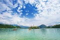 View to Church on island in the middle of Bled lake. Slovenia Royalty Free Stock Photo