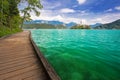 View to Church on island in the middle of Bled lake. Slovenia Royalty Free Stock Photo