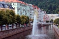 A view to the city center with river and splashing fountain at spa Karlovy Vary Royalty Free Stock Photo
