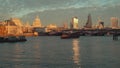 View to the City of London, Blackfriars Bridge and Saint Paul`s Cathedral from Thames embankment. With ships.