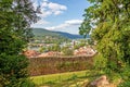 View to the city wall and medieval city of Miltenberg from castle access road during daytime Royalty Free Stock Photo