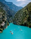 View to the cliffy rocks of Verdon Gorge at lake of Sainte Croix, Provence, France, near Moustiers Sainte Marie