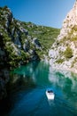 View to the cliffy rocks of Verdon Gorge at lake of Sainte Croix, Provence, France, near Moustiers Sainte Marie