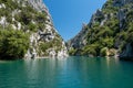 View to the cliffy rocks of Verdon Gorge at lake of Sainte Croix, Provence, France, near Moustiers Sainte Marie