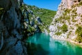 View to the cliffy rocks of Verdon Gorge at lake of Sainte Croix, Provence, France, near Moustiers Sainte Marie