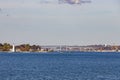 View to coast of New London  on a sunny day with lighthouse and bridge Royalty Free Stock Photo