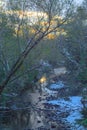 View to colorful sunset deep river near,