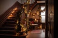 View to dark wooden staircase decorated for Christmas and cozy armchair under it near window. Royalty Free Stock Photo