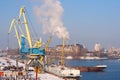 View to empty cargo dock with cranes and