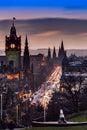 View to evening Princes Street from Calton hill in Edinburgh, Scotland Royalty Free Stock Photo