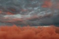 view to evening sky with fluffy red clouds Royalty Free Stock Photo