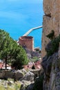 View to famous ancient landmark Red tower Kizil Kule in Turkey with Alanya bay and fortress wall Royalty Free Stock Photo
