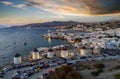 View to the famous Greek windmills above Mykonos town