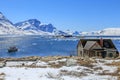 View to the fjord from Qoornoq - former fishermen village, nowdays summer residence in the middle of Nuuk fjord, Greenland Royalty Free Stock Photo