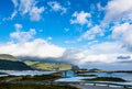 Landscape panoramic view to Fredvang bridge, Torvoya and buoya islands and Hovdanvika bay at Lofoten, Norway