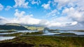 Landscape panoramic view to Fredvang bridge, Torvoya and buoya islands and Hovdanvika bay at Lofoten, Norway