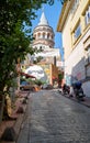 The view to Galata Tower from the neighbooh old street. Istanbul.Turkey Royalty Free Stock Photo