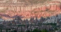 View to geological formations in Cappadocia, Turkey. Ancient cavetown near Goreme on the sunset