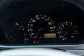 View to the gray interior of Toyota Harrier or Lexus RX300 with the steering wheel, dashboard, cockpit, speedometer and multimedia Royalty Free Stock Photo