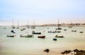 View to harbor village Corralejo in Fuerteventura with boats