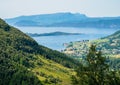 View to Hardangerfjorden and Rosendal barony from the mountains, Norway
