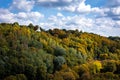 A view to The hill of Three Crosses memorial, colorful autumnal forest foliage, Vilnius, Lithuania. Royalty Free Stock Photo