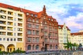 View to historic buildings on the banks of the River Spree, which belong to the medieval Nikolai quarter in Berlin, Germany