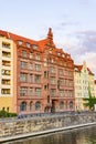 View to historic buildings on the banks of the River Spree, which belong to the medieval Nikolai quarter in Berlin, Germany