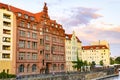 View to historic buildings on the banks of the River Spree, which belong to the medieval Nikolai quarter in Berlin, Germany