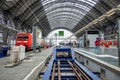 view to historic central station in Frankfurt with people waiting for the train