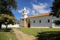 View to historic Monasterio de Carmelitas Descalzas in sunshine with blue sky, Villa de Leyva, Colombia