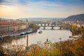 View to the historical bridges, Prague old town and Vltava river from popular view point in the Letna park or Letenske Royalty Free Stock Photo