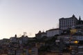 View to the historical part of the city of Porto at blue hour. Clear sky. Night cityscape
