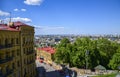 View to historical street Andrews descent and panoramic view of Kyiv cite at sunny spring day Royalty Free Stock Photo