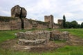 View to inner yard and ruined outer wall and towers of stone old medieval fortress Smederevo in Serbia, national landmark Royalty Free Stock Photo