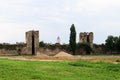 View to inner yard and ruined outer wall and towers of stone old medieval fortress Smederevo in Serbia, national landmark Royalty Free Stock Photo