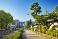 View to Kyoto tower and Kyoto station from a pedestrian way near entrance to Higashi Honganji Temple