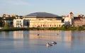 View to the lake from Kazan Lake Embankment. Sunny landscape with view of city on Lake Nizhny Kaban Royalty Free Stock Photo