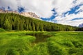 View to Lake Misurina, conifer forest and Dolomites, Italy, Euro Royalty Free Stock Photo