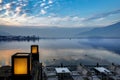 View to lake Pamvotis in a foggy day at sunset, Greece Royalty Free Stock Photo