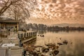 View to the lake Pamvotis. Ioannina city at sunset.Greece