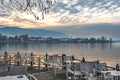 View to the lake Pamvotis nad Ioannina city at sunset.Greece