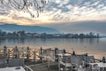 View to the lake Pamvotis nad Ioannina city at sunset.Greece Royalty Free Stock Photo