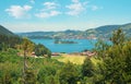 View to lake Schliersee and tourist resort, bavarian landscape