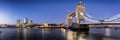 View to the lit skyline of London, UK, during evening: from the Tower Bridge along the river Thames Royalty Free Stock Photo