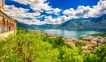 View to Locarno city, lake Maggiore and Swiss Alps in Ticino from Madonna del Sasso Church, Switzerland.