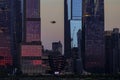 View to Manhattan skyline Hudson Yards skyscrapers and helicopter on the front, from Weehawken Waterfront Royalty Free Stock Photo