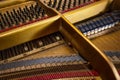 View to the mechanics inside an older grand piano, hammer from below and damper from above on the strings of the acoustic musical Royalty Free Stock Photo