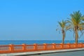 A view to Mediterranean sea from a waterfront promenade of Benalmadena beach and a road with palms at the foreground, Malaga prov Royalty Free Stock Photo